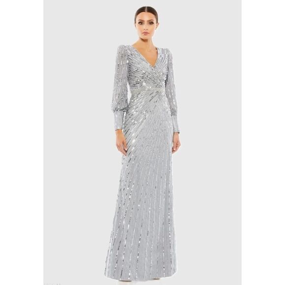 Mac Duggal Silver Sequined Wrap Over Bishop Sleeve Gown - Size 2 - New